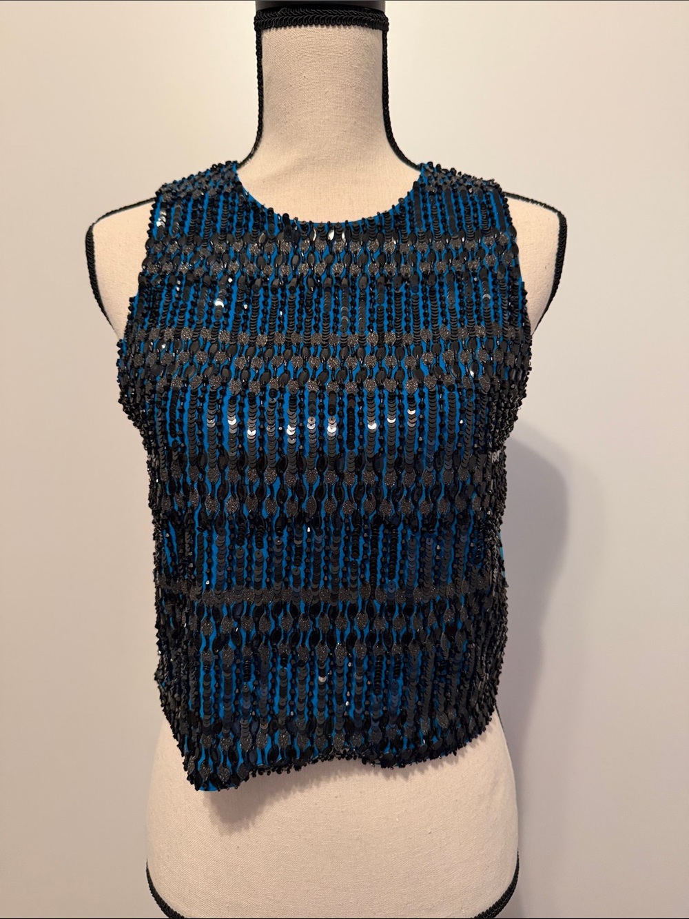 Alice + Olivia Sequined Blue and Black Sleeveless Crop Top